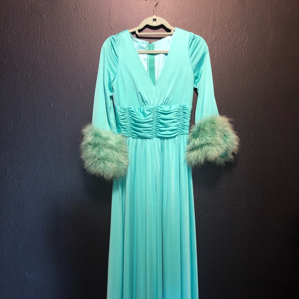 Vintage mint green pant suit with fur cuffs
